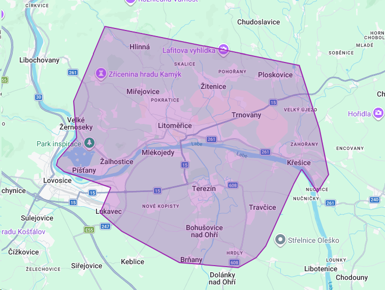 Mapa rozvozu Pizza XXL — Litoměřice a okolí do 10 km